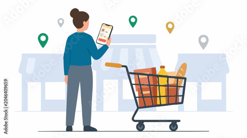 Tableau sur toile Woman using mobile app for grocery shopping near stores with cart