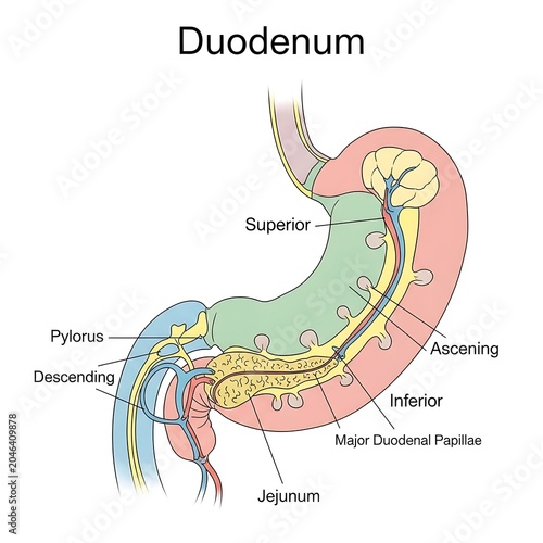 Anatomical diagram of the human duodenum sections.