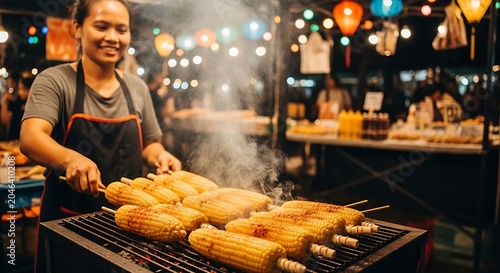 Street Food Vendor Grilling Corn.