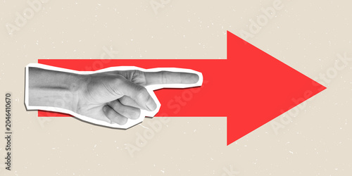 Photos Retro collage of pointing hand with red arrow, symbolizing direction, guidance, decision making, progress, and business strategy