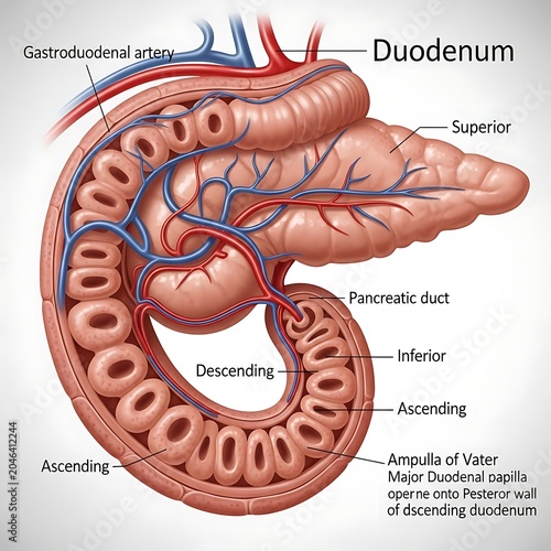 Anatomical diagram of human duodenum and pancreas.
