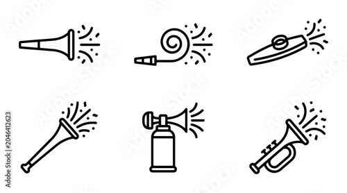 Foto Party Horns and Noise Makers Vector Icons, Celebration Sound Instruments Set, Fe