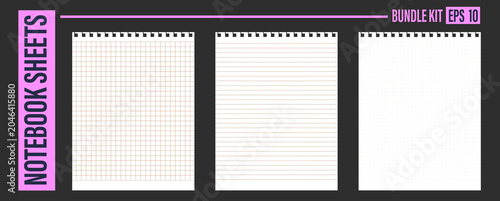 Set of paper background with brown grid line and dot pattern note texture. Realistic notebook page note design for write craft scrapbook school education collage soft fold details. Vector bundle kit.