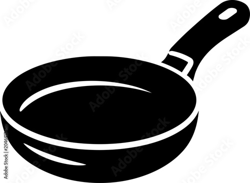 Photos Black frying pan silhouette icon with long handle, hanging hole, round shallow body, curved rim, and clean white cutout details, isolated on white background