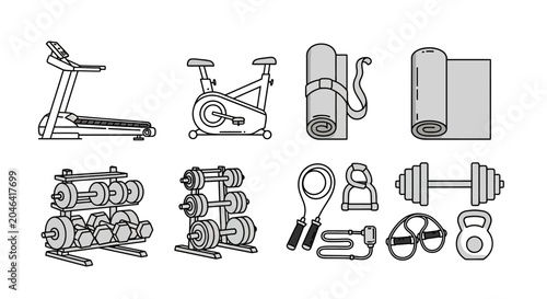 Foto Variety of fitness equipment icons set.