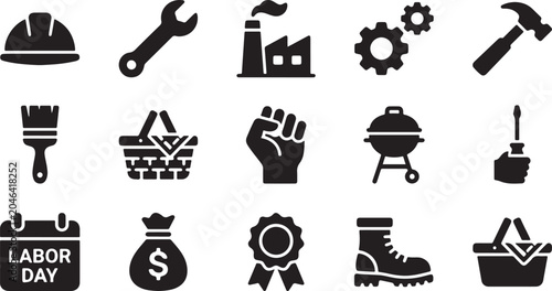 Quadro su tela Set of black flat icons representing labor day activities and construction theme