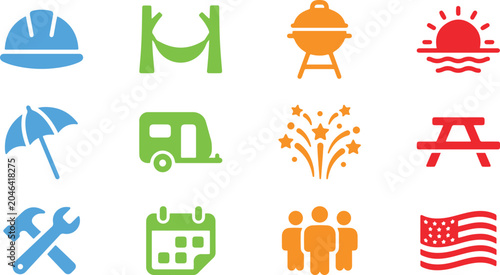 Bild auf Leinwand Colorful summer holiday and outdoor activity icons set with hard hat summer time