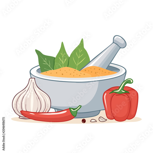 Mortar and pestle with fresh ingredients for cooking