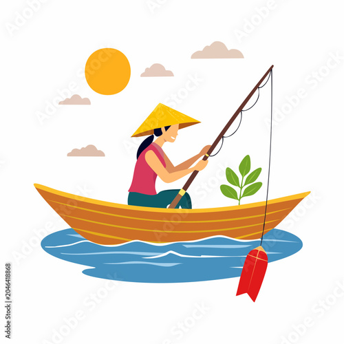 Woman fishing from a boat in a river