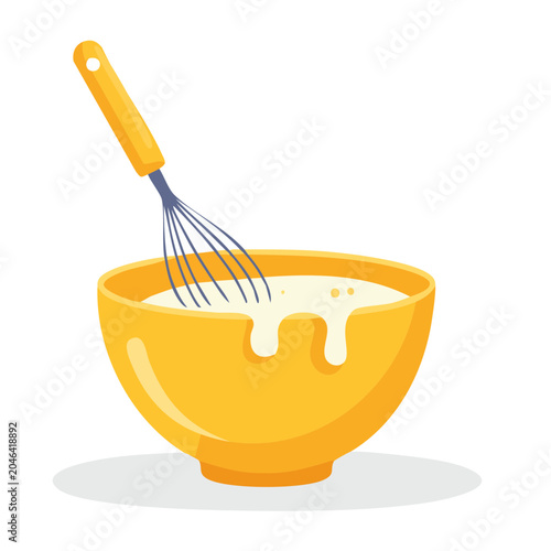 Yellow bowl with whisk mixing batter on white background