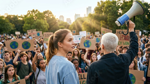 Young climate activists protest with signs and a megaphone at an outdoor environmental demonstration.