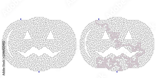 Halloween pumpkin shaped maze puzzle vector illustration with solved path and answer key, wild animal labyrinth challenge for kids and adults, printable activity sheet for books publishing