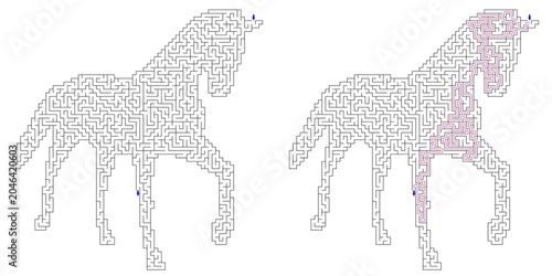 Horse shaped maze puzzle with solved path and answer key, wild animal labyrinth challenge for kids and adults, printable activity sheet 