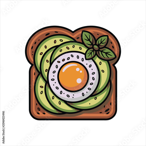 Avocado Toast Egg Yolk Swirl Basil Seeds Top View Dark Cartoon Vector Illustration Art