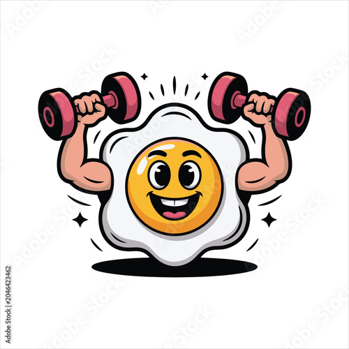 Cute Fried Egg Cartoon Character Lifting Dumbbells Fitness Mascot Vector Illustration