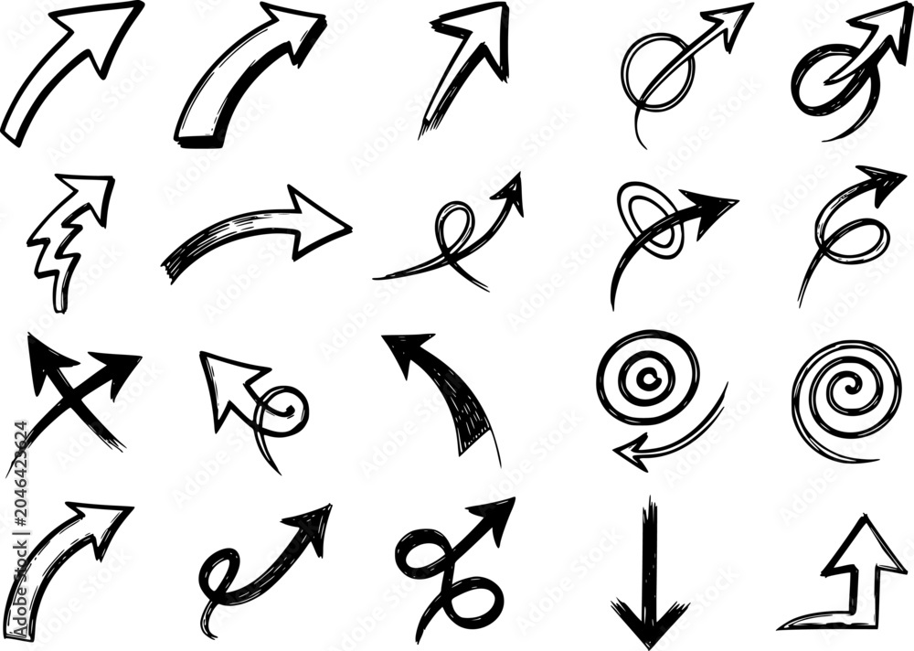 Fototapeta premium Collection of hand-drawn black arrows and swirls white background