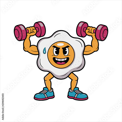Muscular Fried Egg Cartoon Character Lifting Dumbbells Sneakers Fitness Mascot Vector