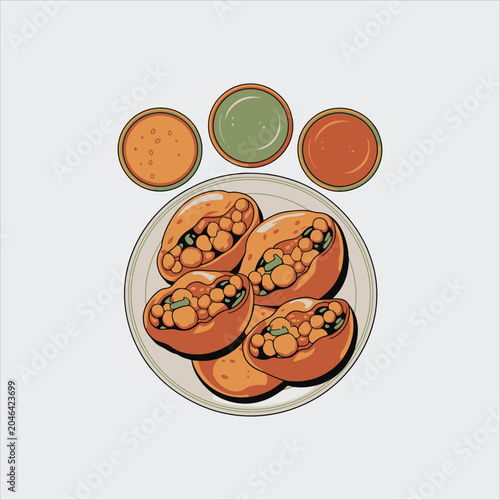 Pani Puri Plate Three Sauces Chickpea Filling Indian Street Food Vector Illustration Art
