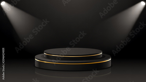 Empty round black and gold podium under two bright spotlights