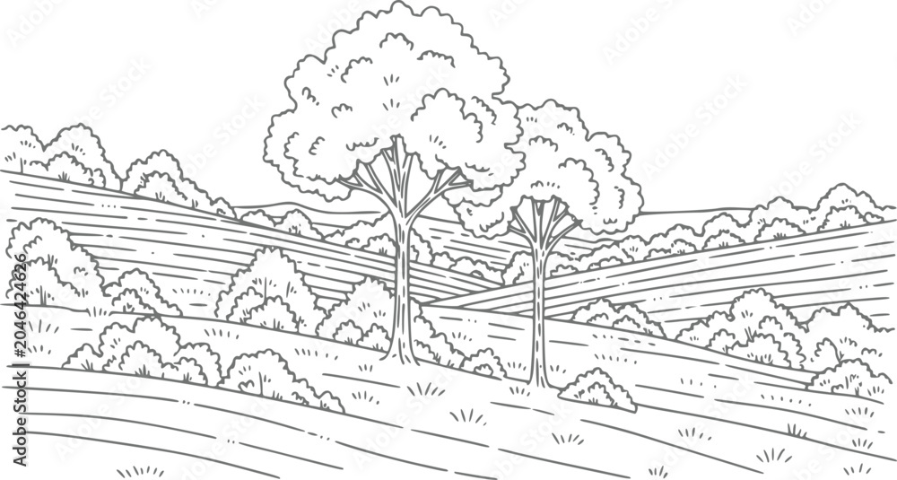 Fototapeta premium Stylized line of a rolling landscape with trees and fields