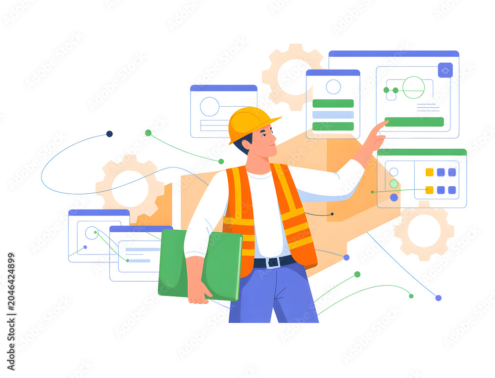 Fototapeta premium Flat design illustration of a construction engineer in a hard hat and safety vest managing technical data, digital project screens, and gears. Concept of industrial management.