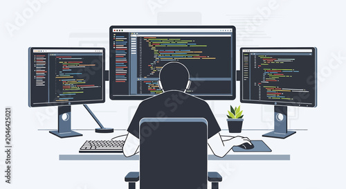 Programmer working on multiple monitors with code on screen, coding setup