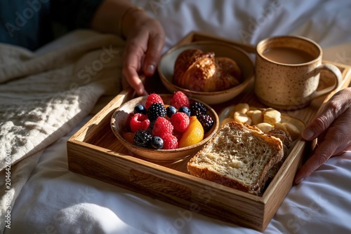 Hands placing breakfast tray with fruit and coffee on white bedding