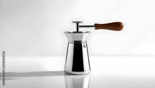 Designer polished stainless steel Neapolitan espresso coffee maker with wooden handle isolated on white background