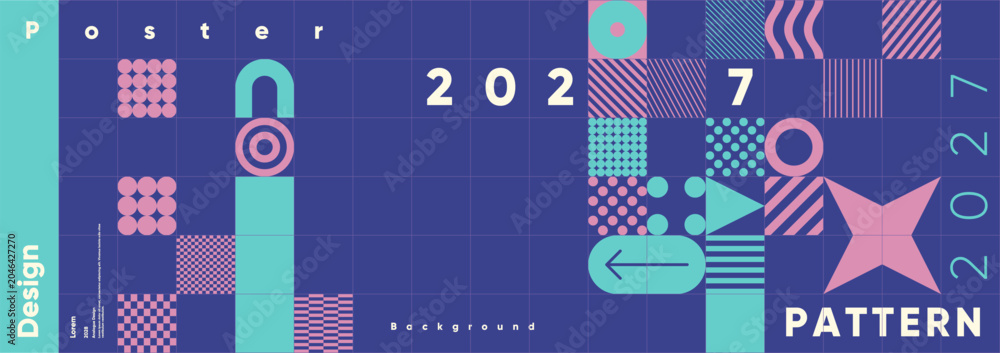 Fototapeta premium Geometric poster design featuring bold patterns and vibrant colors. The layout includes various shapes and typography, creating a modern and dynamic visual appeal.