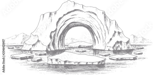 Schilderij op canvas Archway iceberg in a cold arctic sea with floating ice chunks