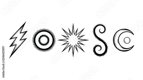 Fotografija Black line of a clock hour hand minute hand sun and crescent moon on white backg