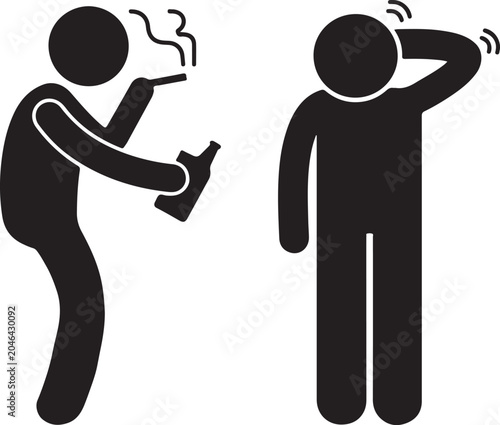 Foto Two stick figure icons one smoking and holding a bottle the other scratching hea