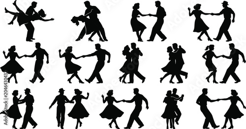 Slika na platnu Black silhouettes of couples dancing in various poses, ballroom dance