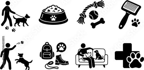 People and dog activity icons showing walking feeding playing grooming relaxing and veterinary cross symbol