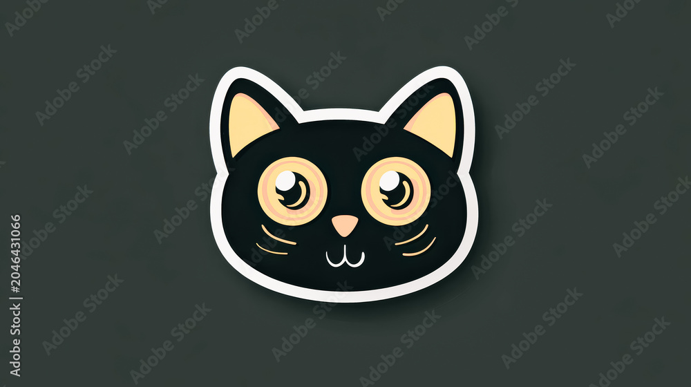 Fototapeta premium Illustration of a cartoon cat face with large eyes on a dark background. Digital art style with bold outlines. Suitable for stickers, children's designs, and playful graphic projects.