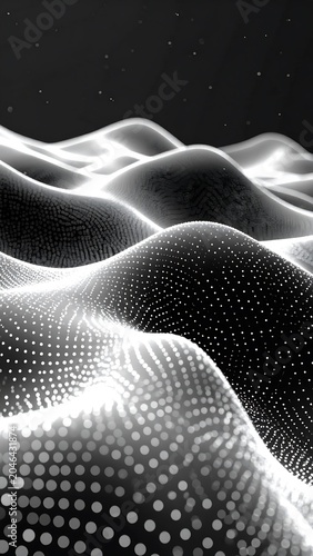 A grayscale 3D illustration of undulating hills composed of small dots
