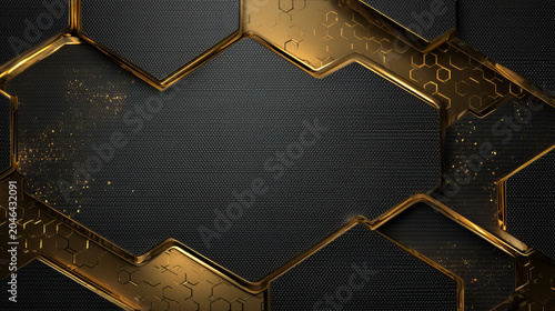 3d geometric hexagon frame on gold and silver metal background with stars vector illustration element for digital web design