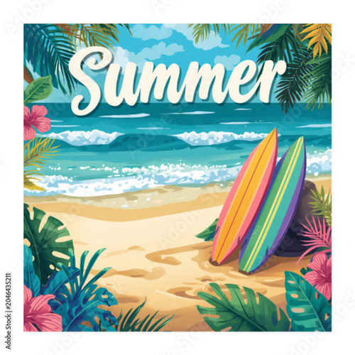 Colorful Summer Beach Scene with Tropical Leaves and Surfboards on Sandy Shore