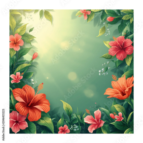 Vibrant Tropical Hibiscus Flowers with Lush Green Monstera Leaves on Dark Background