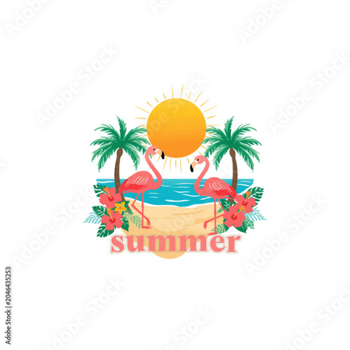 Two pink flamingos celebrating summer with tropical fruits and palm trees on vibrant yellow background