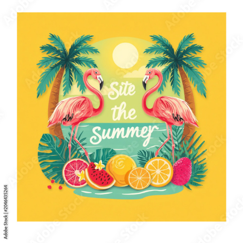 Two pink flamingos celebrating summer with tropical fruits and palm trees on vibrant yellow background