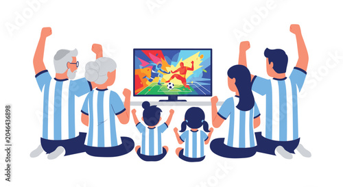 A diverse family of six seen from behind sits on the floor while watching an intense soccer game displayed on a large television screen in a bright room.