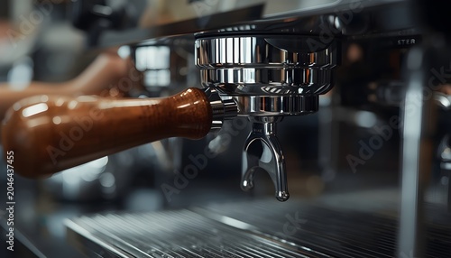 Close-up of a professional espresso machine portafilter with a wooden handle and chrome finish in a cafe setting