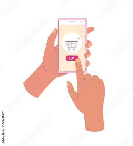 Hands holding mobile phone with shopping cart and presses Buy button. E-commerce, online shopping, virtual sale on internet stores