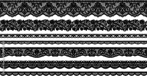 Lace pattern elements. Vintage seamless figured lace borders, beautiful wedding lace decoration. Black lace borders vector illustration set. Seamless black gorgeous stripe, delicate simple pattern