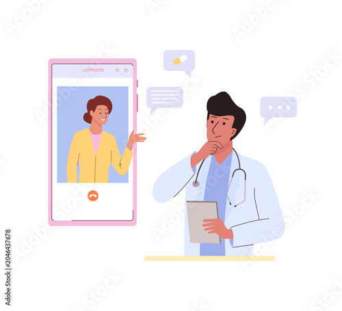 Online medical consultation. Male doctor consults patient online on mobile app. Remote healthcare and medical service, tele medicine