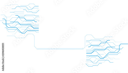 Blue digital circuit board pattern with interconnected lines and nodes on a black background, representing data transfer, and network systems