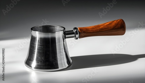 Elegant stainless steel Turkish coffee pot with wooden handle and interior mesh filter on a neutral background