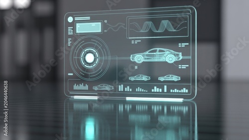 Digital Car Dashboard Display with Speedometer and Navigation on Transparent Screen