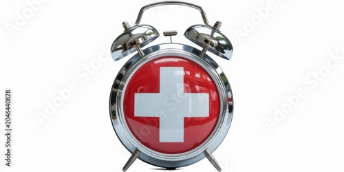 Vintage Alarm Clock With Red Cross Symbol On White Background